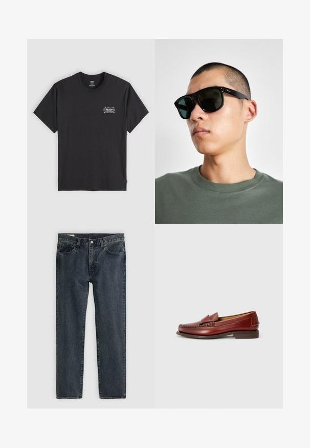 Crna pamučna majica kratkih rukava s okruglim izrezom. Ima mali bijeli grafički print na lijevoj strani prsiju. Glatka tekstura.; Tamno plave traperice s ravnim nogavicama, pet džepova i zatvaranjem na dugme. Tkanina pokazuje suptilno blijeđenje i teksturu.; Smeđe kožne mokasine s glatkom završnom obradom, dekorativnim šavovima i naglaskom na prednjem rese. Nizak, čvrsti smeđi peti, elegantan dizajn.; Crne pravokutne sunčane naočale s tamnim lećama, koje imaju upečatljiv oblik i brend na ručki. Nosene od strane osobe u zelenoj košulji.