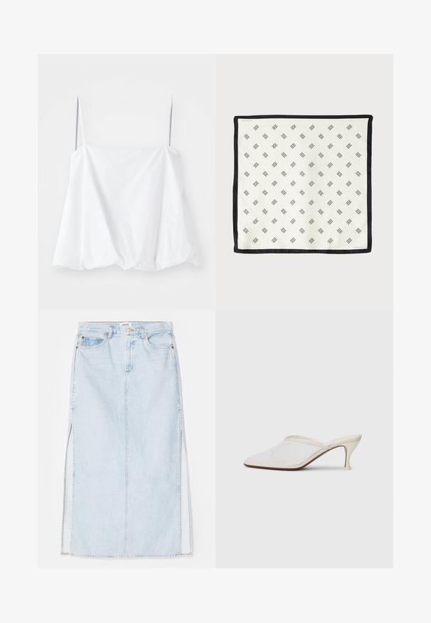 Biely top bez rukávov s tenkými ramienkami, vyrobený z ľahkého materiálu. S voľným strihom a zhrnutou textúrou na leme.; Svetlo modrá dlhá riflová sukňa so strihom na rovno, s bočnými rozparkami a dizajnom s piatimi vreckami. Výrazné prešívanie a kovový zips na zapínanie.; Biele sieťované lodičky s špicatou špičkou, s úzkym stredne vysokým podpätkom a bez zapínania, na jednobodovom pozadí.; Biely hodvábny šál s opakujúcim sa čiernym geometrickým vzorom, olemovaný pevným čiernym okrajom. Ľahký s hladkou textúrou.