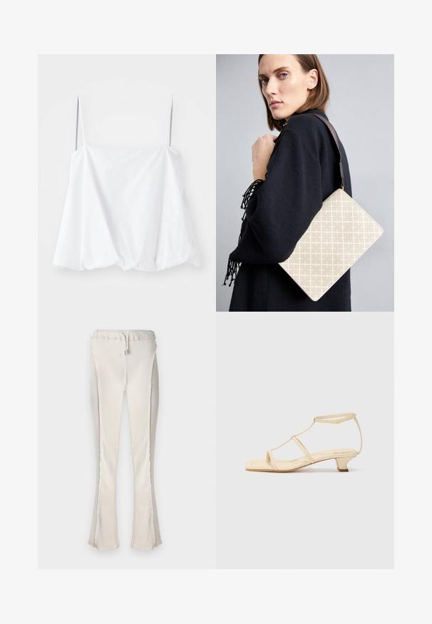Haut sans manches blanc avec de fines bretelles, fabriqué en tissu léger. Présentant un design ample et une texture froncée à l'ourlet.; Pantalons évasés beige clair avec une texture côtelée, dotés d'une taille à cordon de serrage et de bords bruts le long des coutures latérales et de l'ourlet.; Sandales à talons beiges avec un design à T, bout carré, bride de cheville réglable et un petit talon carré. Matériau en cuir lisse.; Sac à épaule à motif beige avec une forme structurée, doté d'une sangle texturée marron. Porté par un mannequin sur fond gris.