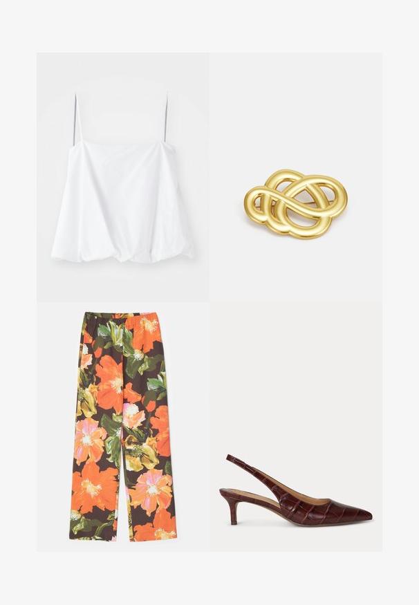 Top bianco senza maniche con spalline sottili, realizzato in tessuto leggero. Caratterizzato da un design largo e una texture arricciata all'orlo.; Stine Goya FATOU STRUCTURE STRETCH - Pantaloni - summer night; Décolleté in vernice bordeaux con punta affusolata e texture coccodrillo, dotate di tacco sottile e fianchi con apertura.; Spilla in oro con un design annodato caratterizzato da linee morbide e curve e una forma intricata, che riflette una finitura lucida.