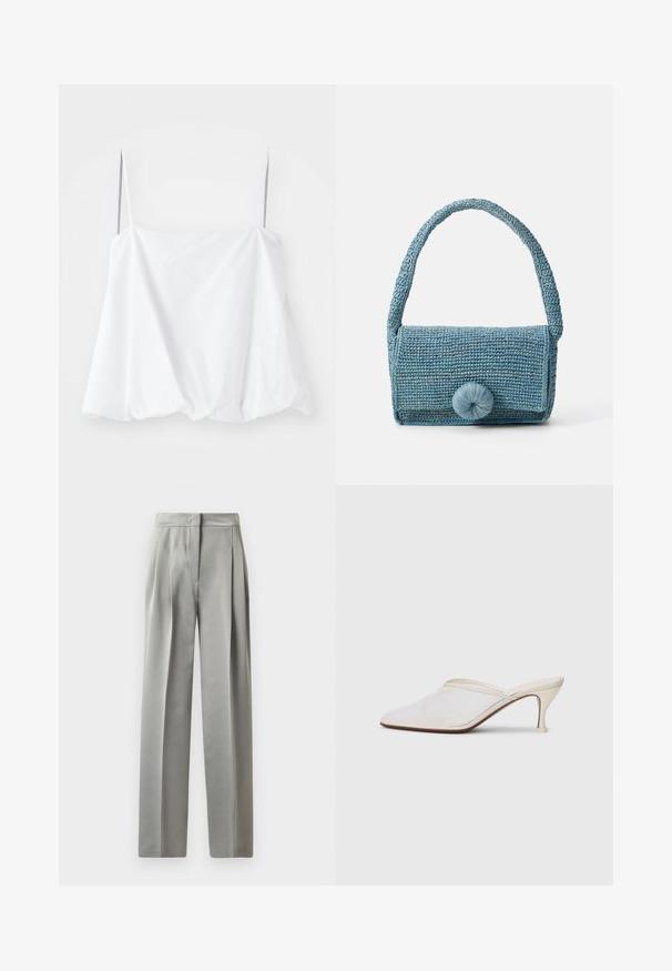 White sleeveless top with thin straps, made from lightweight fabric. Featuring a loose design and gathered texture at the hem.; Light gray tailored trousers with a smooth texture, featuring pleats at the front, a wide leg design, and a fitted waistband.; White mesh pointed-toe mule with a slim mid-height heel and slip-on design against a plain background.; Woven blue handbag with a textured surface, rectangular shape, short handle, and a large round closure detail on the front.