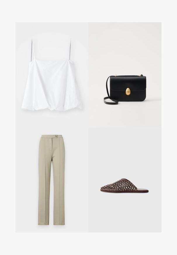Fehér ujjatlan blúz vékony pántokkal, könnyű anyagból készült. Laza fazonú, az alján ráncolt textúrával rendelkezik.; Beige, egyenes szabású, testre szabott nadrág, elöl cipzárral, egy gombos zárással, és finoman gyűrt vonalakkal az elülső lábszáron.; Barna szőtt csúsztatós szandál lekerekített orral, nyitott dizájnnal, lapos talppal és texturált felülettel. Könnyű anyag és minimalista sziluett.; Fekete bőr kézitáska, struktúrált, téglalap alakú formával. Arany ovális kapoccsal és vékony vállpánttal rendelkezik. Sima textúrájú.