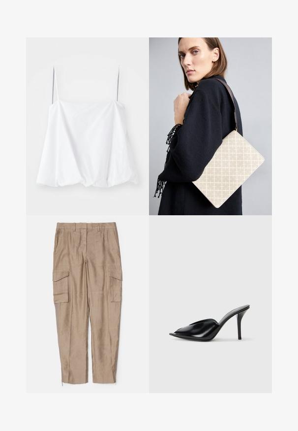 Biely top bez rukávov s tenkými ramienkami, vyrobený z ľahkého materiálu. S voľným strihom a zhrnutou textúrou na leme.; Béžové cargo nohavice s uvoľneným strihom, viacerými bočnými vreckami a zipsovými detailmi pri členkoch. Vyrobené z ľahkej textílie.; Čierne kožené vysoké podpätky s otvorenou špičkou, špicatý dizajn, hladká textúra a štíhly stiletto podpätok.; Bežová vzorovaná taška na rameno so štruktúrovaným tvarom, vybavená hnedým štruktúrovaným popruhom. Nosená modelkou na šedom pozadí.