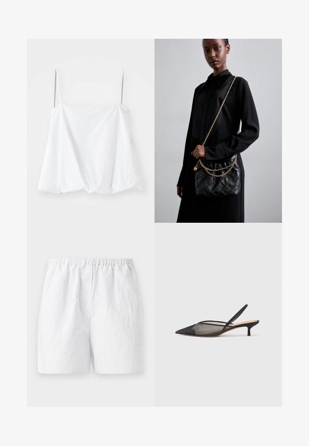 Biała top bez rękawów z cienkimi ramiączkami, wykonany z lekkiego materiału. Charakteryzuje się luźnym krojem i marszczoną fakturą u dołu.; Białe szorty z elastycznym paskiem w talii, wykonane z teksturowanej tkaniny i luźnym kroju. Prosty design, bez wzorów ani ozdób.; NEOUS IRENA czarny; Czarna pikowana skórzana torebka z marszczonym topem, złotym łańcuchem oraz prostokątnym kształtem, trzymana na jednolitym tle.; Złoty metalowy klips do włosów o gładkim, zaokrąglonym wzorze. Powierzchnia jest refleksyjna, prezentując połączony, zakrzywiony kształt bez dodatkowych ozdób.