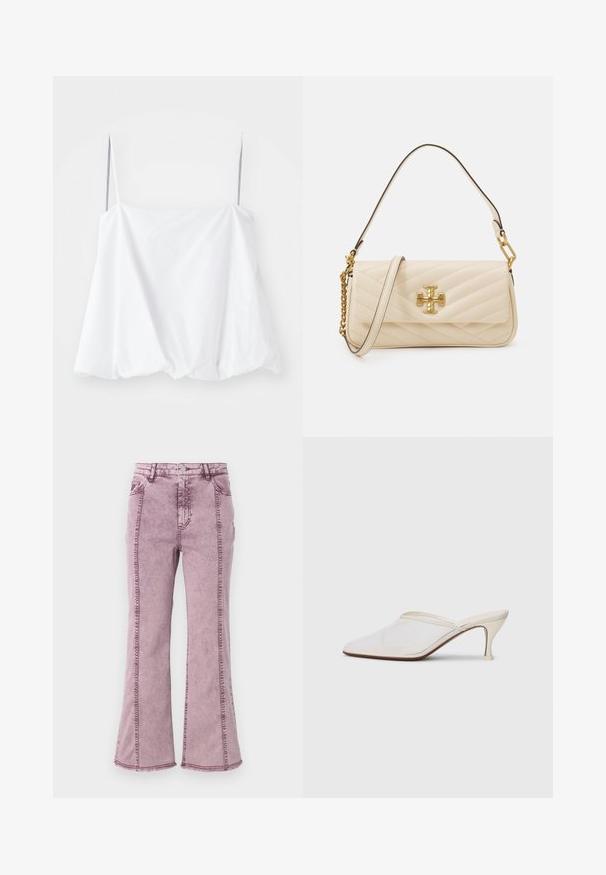 Top blanco sin mangas con tirantes finos, hecho de una tela ligera. Presenta un diseño suelto y una textura fruncida en el dobladillo.; Jeans acampanados de mezclilla morada con una cintura alta, que presentan costuras visibles a lo largo de los lados y un dobladillo deshecho en la parte inferior.; Mule blanco de malla con punta afilada, tacón medio y diseño de fácil colocación contra un fondo liso.; Bolso de crema acolchado con un acento de logo dorado, que presenta una cadena y una correa de cuero. Diseño estructurado y textura suave con costuras diagonales.