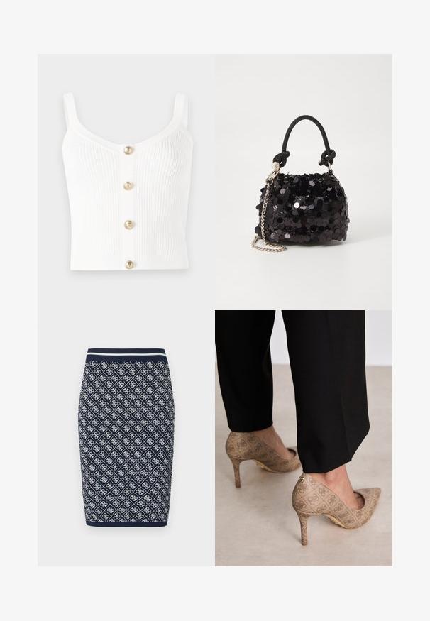 Top de tanque de punto blanco con canalé que presenta un escote redondeado y cinco botones dorados en el centro. Textura suave con tirantes finos.; Falda lápiz de punto en azul marino y blanco con un patrón geométrico de diamantes. Cuenta con una cinturilla elástica a rayas y una textura suave.; Zapatos de tacón altos beige con una tela texturizada que presenta un patrón repetitivo. Diseño de punta afilada con un acento en la parte trasera y detalle de tacón dorado.; Bolso de mano mini negro con lentejuelas, con una correa de textura anudada y cadena plateada. Forma redondeada con parte superior fruncida y detalles reflectantes.