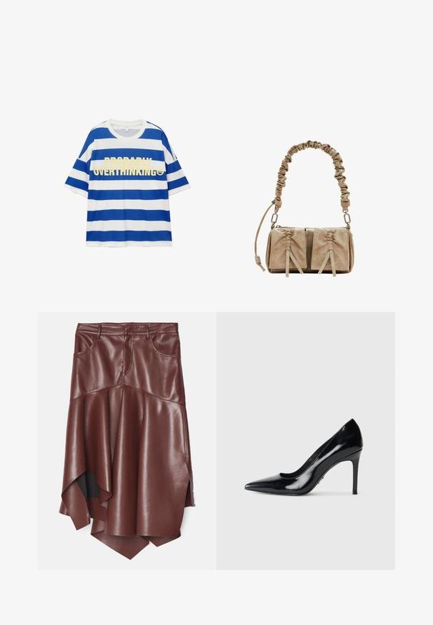 Tricou din bumbac cu dungi orizontale albastre și albe. Are text bold galben "PROBABLY OVERTHINKING" și un grafic cu o fața zâmbitoare. Mâneci scurte.; Fustă din piele ecologică maro cu o margine asimetrică și evazată, având două buzunare frontale și o textură netedă, lucioasă.; Pantofi cu toc înalt, cu vârf ascuțit, din piele sintetică neagră cu aspect lăcuit, cu toc stiletto subțire, pe fundal alb simplu.; Geantă din suede bej, cu un mânere din țesătură pliată, două buzunare frontale cu închideri strânse și accente subtile de textură.