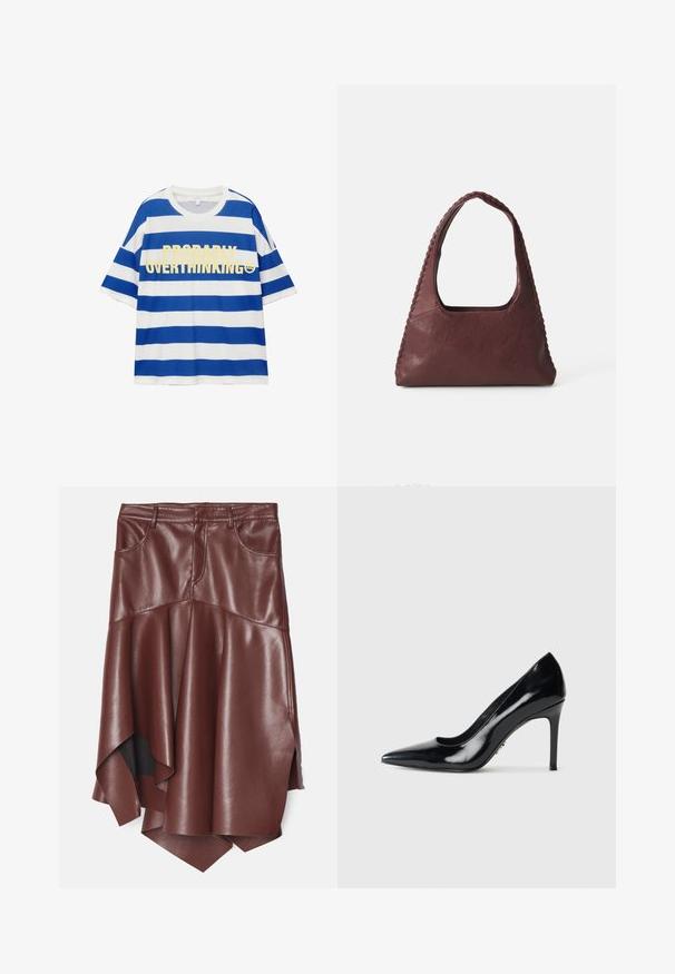 Bombažna majica s horizontalnimi modrimi in belimi črtami. Ima drzno rumeno besedilo "VERJETNO PREOBRAZLJAM" in grafiko nasmejanega obraza. Kratki rokavi.; Rjava umetno usnjena krila z razpršenim, asimetričnim robom, ki ima dve sprednji žep in gladko, sijočo teksturo.; Črne patentne usnjene visokotlačne čevlje s koničastim nosom in ozkim stiletto peto na enobarvni beli podlagi.; Burgundska usnjena torba v trikotni obliki, odprta na vrhu, s pletenim detajlom ob ročaju. Gladka tekstura z mat zaključkom.