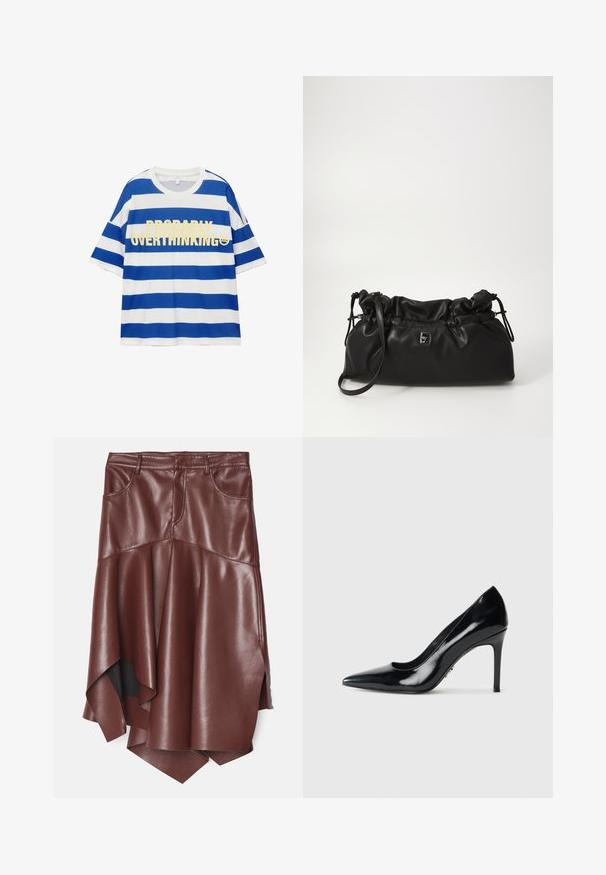 Bavlněné tričko s modro-bílými vodorovnými pruhy. Na přední straně je výrazný žlutý text „PROBABILNĚ PŘEMÝŠLÍM PŘÍLIŠ“ a grafika usměvavého obličeje. Krátké rukávy.; Hnědá sukně z umělé kůže s volánovým, asymetrickým lemem, která má dvě přední kapsy a hladký, lesklý povrch.; Černý lakovaný kožený lodičkový bot s špičatou špičkou a úzkým jehlovým podpatkem na jednoduchém bílém pozadí.; Černá kožená taška na stažení s měkkou texturou, zakulaceným tvarem a nastavitelným popruhem. Na přední straně má malé kovové logo.