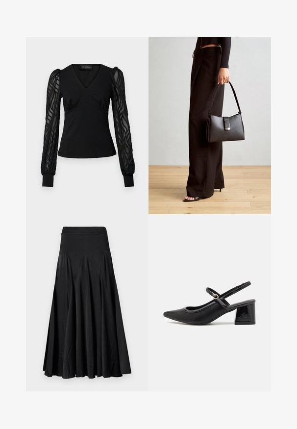Musta paita V-päänteellä ja vartalonmyötäisellä yläosalla, jossa on läpinäkyvät, tekstuuriset pitkät hihat ja pukeutuneet hihan päät. Tasainen kangas, jossa on kerrostettu yksityiskohta.; Mustat leveähelmaiset hameet, joissa on joustava vyötärö, valmistettu sileästä kankaasta, ja joita koristavat poimutukset lisäävät rakennetta ja ilmavuutta.; Musta lakattu nahka slingback-korkokengät, joissa on terävä kärki, pyöreä aukko-muotoilu ja lohkokorko. Varustettu kultasävyisellä solkiyksityiskohdalla.; Musta käsilaukku, jossa on rakenteellinen muoto, sileä pinta ja metallinen solki. Yhdistetty leveisiin mustiin housuihin ja avonaiheisiin sandaaleihin puulattialla.