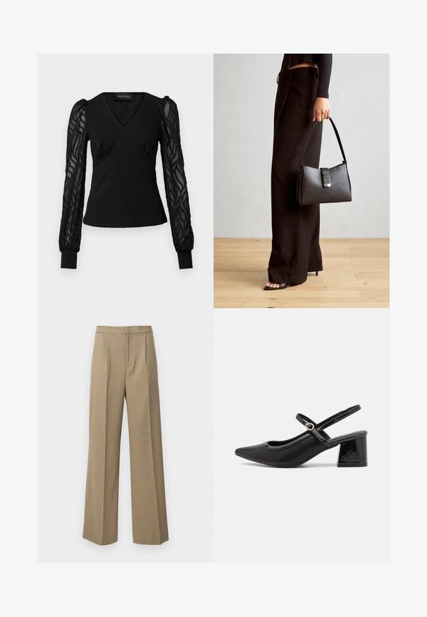 Haut noir avec un décolleté en V et un corsage ajusté, doté de manches longues transparentes et texturées avec des poignets à revers. Tissu lisse avec des détails froncés.; Pantalons larges beige en tissu texturé. Avec des plis sur le devant et une taille plate. Pas de fermetures ni de poches visibles.; Escarpins slingback en cuir verni noir avec un embout pointu, un design à découpes arrondies et un talon carré. Présente un accent de boucle en ton doré.; Sac à main noir à la forme structurée, texture lisse et fermoir métallique. Associé à un pantalon noir ample et des sandales ouvertes sur un sol en bois.