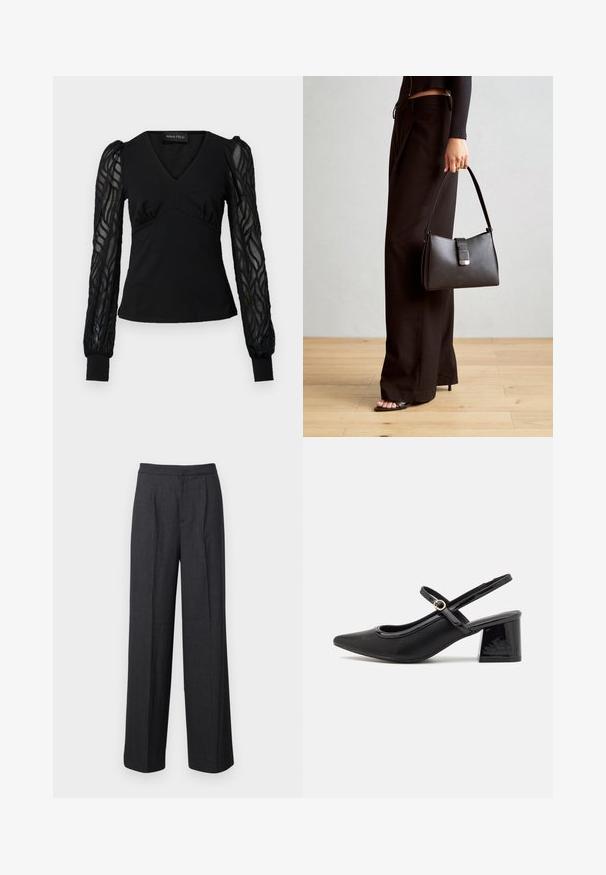 Black top with a V-neck and fitted bodice, featuring sheer, textured long sleeves and cuffed ends. Smooth fabric with gathered detailing.; Dark gray wide-leg trousers made of fabric with a smooth texture, featuring a flat front and a tailored waistband.; Black patent leather slingback heels with a pointed toe, a rounded cutout design, and a block heel. Features a gold-tone buckle accent.; Black handbag with structured shape, smooth texture, and a metallic clasp. Paired with wide black pants and open-toe sandals on wooden floor.