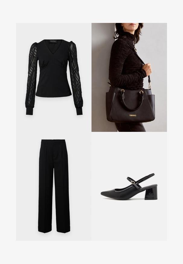 Black top with a V-neck and fitted bodice, featuring sheer, textured long sleeves and cuffed ends. Smooth fabric with gathered detailing.; Black wide-leg trousers with a smooth texture, featuring a flat front, pleats, and a tailored waistband. No visible hardware or patterns.; Black patent leather slingback heels with a pointed toe, a rounded cutout design, and a block heel. Features a gold-tone buckle accent.; Black handbag with textured surface, dual top handles, and adjustable shoulder strap. Features gold-tone hardware and side pockets.