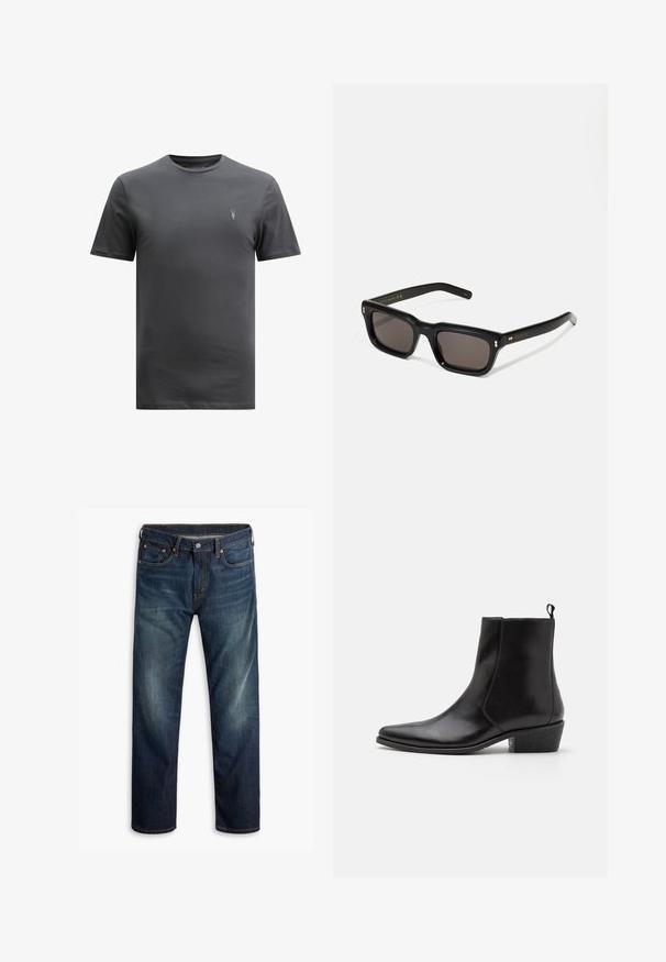 AllSaints BRACE CREW - Basic póló - CARTER GREY; Sötétkék farmernadrág enyhe kopással a combokon, öt zsebes dizájn, gombos zárás és látható narancssárga varrás egy fehér háttéren.; Zign LEATHER - Cowboy/motoros bokacsizma - black; Fekete téglalap alakú napszemüveg sötét lencsékkel, vastag műanyag keret, arany díszítések a szárakon, és a márka logója gravírozva a szára.