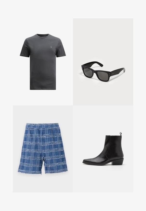 AllSaints BRACE CREW - Lihtne T-särk - CARTER GREY; Denim lühikesed püksid, millel on kulunud äär, sinise ruudulise mustriga. Elastne vöökoht, sirge lõige ja pehme tekstuur.; Zign LEATHER - Kauboi/mootorratturi poolsaapad - black; Mustad mustad raami prillid, tumedate läätsedega. Kaunistatud väikeste kuldsete punktidega ja kuldse logoga templis. Sile tekstuur.