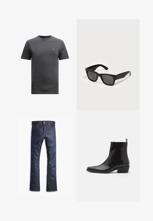 AllSaints BRACE CREW - T-paita - CARTER GREY; Tumma sininen farkut suoraan lahkeella, joissa on oranssia ommeltua, viisi taskua ja nappikiinnitys. Sujuva pinta ja kestävä kangas.; Zign LEATHER - Biker-/cowboynilkkurit - black; Musta aurinkosuoja, jonka neliömäinen kehys sisältää tummat linssit. Koristeltu pienillä kultaisilla pisteillä ja kultaisella logolla temppeleissä. Sujuva pinta.