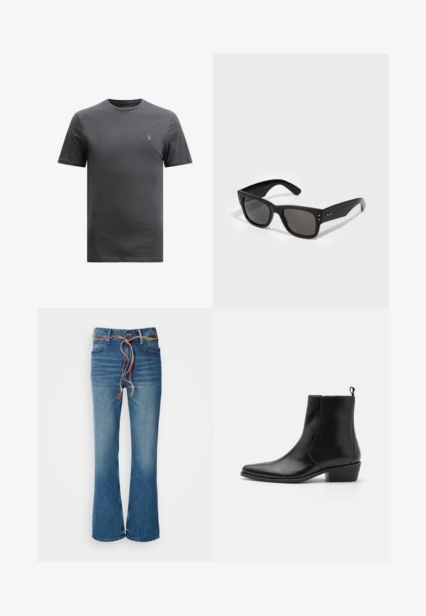 AllSaints BRACE CREW - T-shirts basic - CARTER GREY; Blå denim flare jeans med høj talje, der har en aftagelig beige snøre og diskret falmning på lårene. Ren afslutning på kanten.; Zign LEATHER - Cowboy- / bikerstøvlette - black; Sorte solbriller med firkantet stel, der har mørke linser. Pyntet med små guldprikker og et guldlogo på stængerne. Glat overflade.
