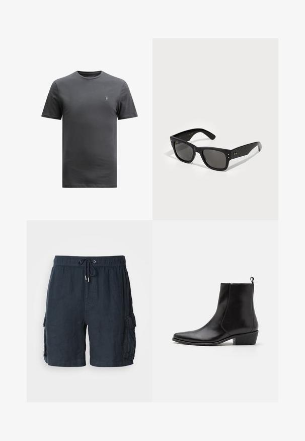AllSaints BRACE CREW - Basic póló - CARTER GREY; Férfi sötét navy kargó sort, könnyű anyagból készült, rugalmas derékkal és húzózsinórral, valamint két oldalsó zsebbel.; Zign LEATHER - Cowboy/motoros bokacsizma - black; Fekete napszemüveg, négyzet alakú kerettel, sötét lencsékkel. Kis arany pöttyökkel és arany logóval díszítve a szárán. Simább tapintás.