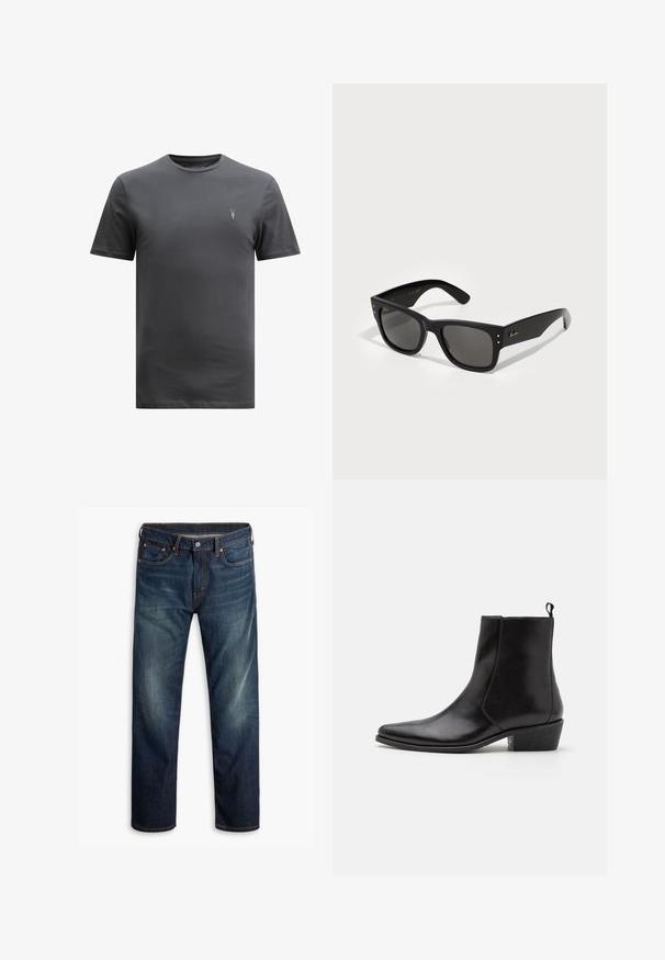 AllSaints BRACE CREW - T-shirts - CARTER GREY; Mørkeblå denimjeans med lett falming på lårene, femlommers design, knappelukking og synlig oransje søm på hvit bakgrunn.; Zign LEATHER - Cowboystøvletter - black; Svarte solbriller med firkantet ramme, med mørke linser. Utsmykket med små gullprikker og en gull logo på stangen. Glatt tekstur.