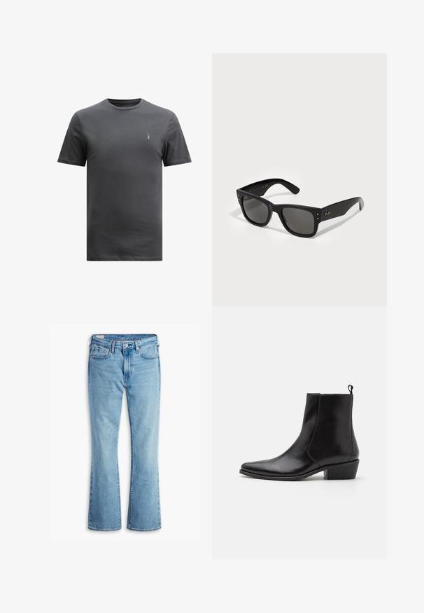 AllSaints BRACE CREW - T-shirt basique - CARTER GREY; Jean flare bleu clair en denim avec taille haute, présentant des poches avant, une fermeture à bouton et une texture délavée pour un look vintage.; Zign LEATHER - Bottines de cowboy / motard - black; Lunettes de soleil noires avec une monture carrée, dotées de verres sombres. Accentué par de petits points dorés et un logo doré sur la branche. Texture lisse.