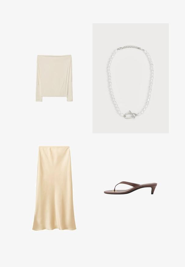 Paita pitkällä hihalla, off-white väri, pehmeästä kankaasta valmistettu, rento malli, jossa on avonainen kaula-aukko ja roikkuvat olkalinjat.; Satiiniset midi-hame vaaleassa beige-värissä. Sileä rakenne, virtaava muotoilu, jossa hieman levenevä helma. Ei näkyviä kiinnityksiä tai koristeluja.; Kahvoit varrelliset flip-flop sandaalit, joissa on hoikka hihna ja pyöristetty varvasosa, sekä pieni kultainen yksityiskohta pohjalla.; Valkoinen helminauha, jossa on vaihtelevaa muotoa ja kokoa, varustettuna hopeisella lukolla. Tasainen tekstuuri ja kiiltävä pinta.