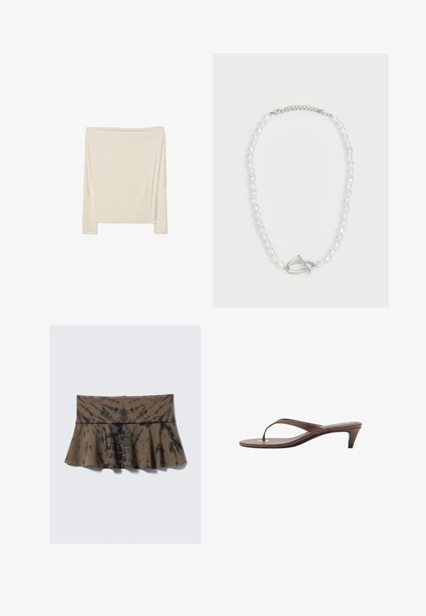 Haut à manches longues couleur ivoire, en tissu doux avec une coupe décontractée, présentant un décolleté ouvert et des coutures d'épaule tombantes.; Jupe évasée marron tie-dye avec taille ajustée, présentant des accents noirs dans un motif tourbillonnant. Fabriquée en tissu doux et extensible.; Sandale à talons brune avec une fine lanière et un entre-doigts arrondi, arborant un petit accent doré sur le semelage.; Collier en perles blanches de formes et tailles variées, avec un fermoir en argent à bascule. Texture lisse avec une finition brillante.