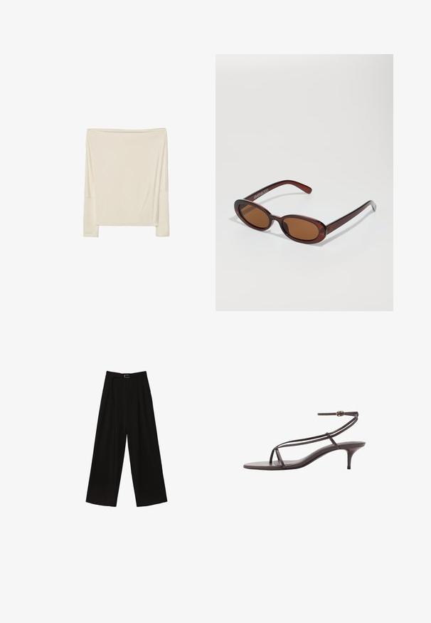Langærmet off-white top lavet af blødt materiale med en afslappet pasform, der har en åben halsudskæring og dropped skuldersømme.; Sorte brede bukser med høj talje, der har et bælte i taljen og plisseringer for tekstur. Fremstillet af et glat, letvægtsstof.; Brune læder hæleede sandaler med tynde stropper, et minimalistisk design, åben tå og en slank stiletto hæl. Inkluderer en justerbar ankelstrop.; Runde, bruntonede solbriller med en glansfuld bordeauxramme. Slanke arme med diskret brandingdetalje. Flad linsedesign.; Sort tekstureret tote taske med korte håndtag, der har en guldlås og detaljer. Designet er struktureret med en geometrisk silhuet.; Hvid perlekæde med varierede former og størrelser, med en sølv toggle-lukning. Glat tekstur med skinnende finish.