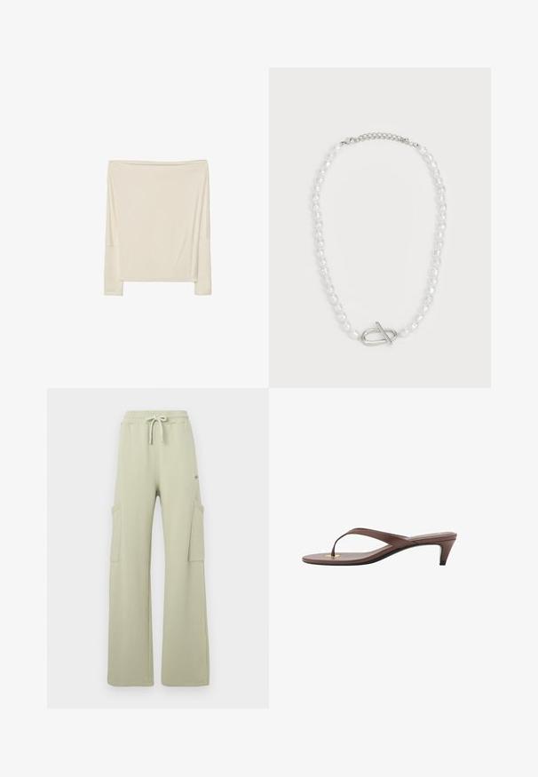Długo rękawowy, off-white top wykonany z miękkiego materiału o luźnym kroju, z otwartym dekoltem i opadłymi szwami ramion.; Jasnozielone bawełniane spodnie dresowe z elastycznym paskiem w talii, szerokimi nogawkami i dwiema kieszeniami cargo po bokach. Gładka tekstura bez widocznych wzorów.; Brązowe sandały na obcasie w stylu klapek z wąskim paskiem i zaokrąglonym palcem, z małym złotym akcentem na wkładce.; Biała perłowa naszyjnik o różnych kształtach i rozmiarach, z zapięciem na suwak ze srebra. Gładka tekstura z błyszczącym wykończeniem.