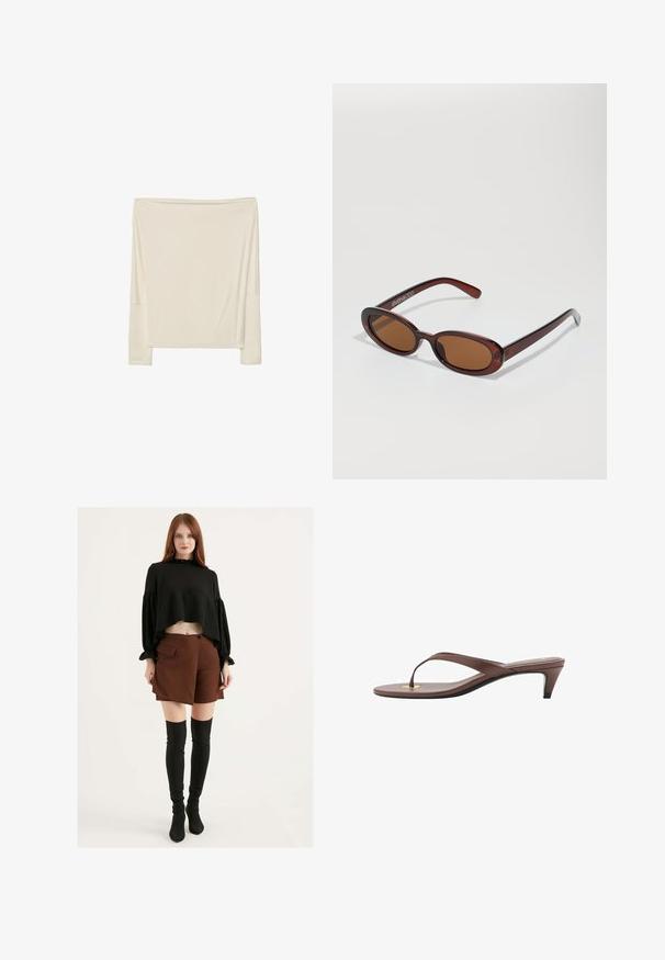Maglietta a maniche lunghe di colore avorio, realizzata in tessuto morbido con un taglio relaxed, dotata di scollatura aperta e cuciture delle spalle abbassate.; Top corto nero con scollatura arricciata, abbinato a pantaloni sopra il ginocchio marroni con bottone laterale e tasca; stivali neri alti fino al ginocchio.; Infradito con tacco marroni, dotati di una fascia sottile e un puntale arrotondato, con un piccolo dettaglio dorato sulla soletta.; Occhiali da sole rotondi con tonalità marrone, montatura lucida color bordeaux. Aste sottili con un sottile dettaglio del marchio. Design delle lenti piatte.