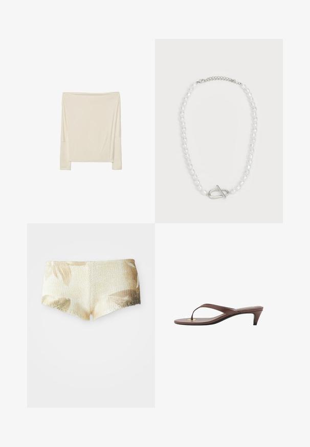 Długo rękawowy, off-white top wykonany z miękkiego materiału o luźnym kroju, z otwartym dekoltem i opadłymi szwami ramion.; Dziergane szorty w jasnym beżu z kwiatowym wzorem. Posiadają fakturowaną powierzchnię i falbaniasty dół. Miękka i lekka tkanina.; Brązowe sandały na obcasie w stylu klapek z wąskim paskiem i zaokrąglonym palcem, z małym złotym akcentem na wkładce.; Biała perłowa naszyjnik o różnych kształtach i rozmiarach, z zapięciem na suwak ze srebra. Gładka tekstura z błyszczącym wykończeniem.