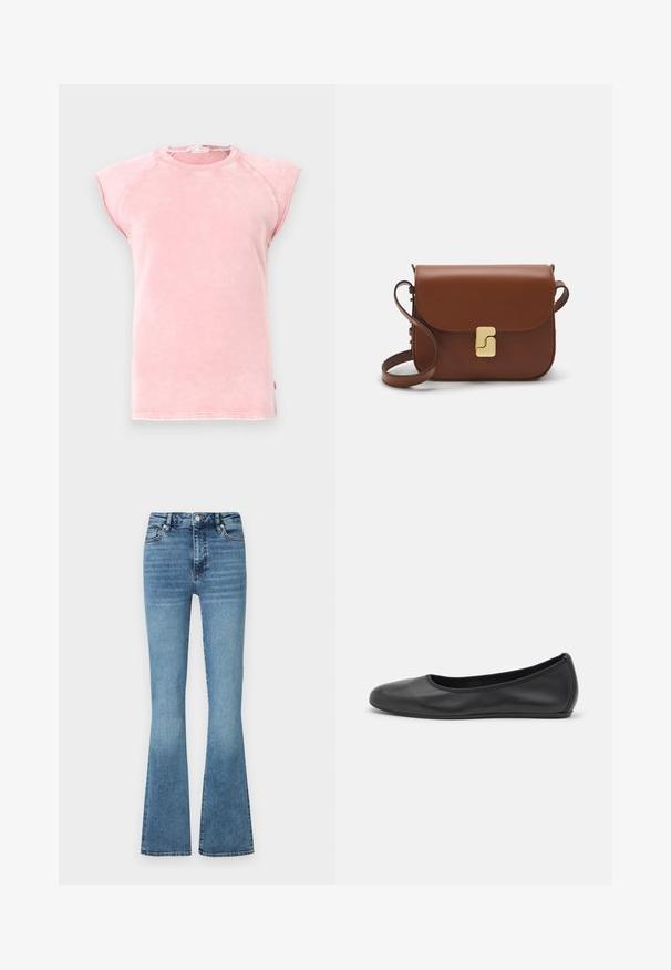 Pink sleeveless T-shirt in soft fabric, featuring a round neckline and raw-edge armholes with contrasting stitching details.; Flared denim jeans in light blue wash; features a high waist, stitched seams, and a slight fade at the bottom of the legs.; Black leather ballet flat with a rounded toe, smooth texture, minimal stitching detail, and a flexible sole design.; Brown leather handbag with a flap closure, gold-tone hardware, a shoulder strap, and a smooth texture. Compact rectangular shape.