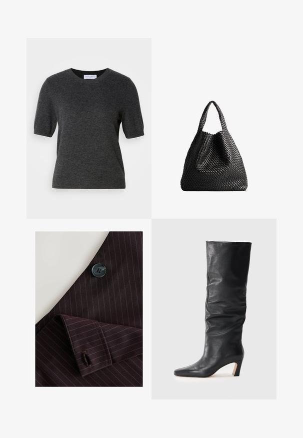 Donkergrijze sweater met korte mouwen, gemaakt van een zachte, gestructureerde breipunto. Heeft een ronde hals en een iets relaxte pasvorm. Eenvoudig, strak ontwerp.; Bordeaux gestreepte stof met een zwarte knoop en een op maat gemaakte manchette. Inclusief fijne pinstrepen en een gestikte knoopsgatdetail.; Zwarte leren enkellaars met hak, met een lichtjes slappende schacht en een puntige neus, op een lichte achtergrond.; Zwarte geweven tote bag met twee handvatten. Zachte textuur, slungelige vorm en een grote, ronde vorm. Geen zichtbare hardware of accenten.