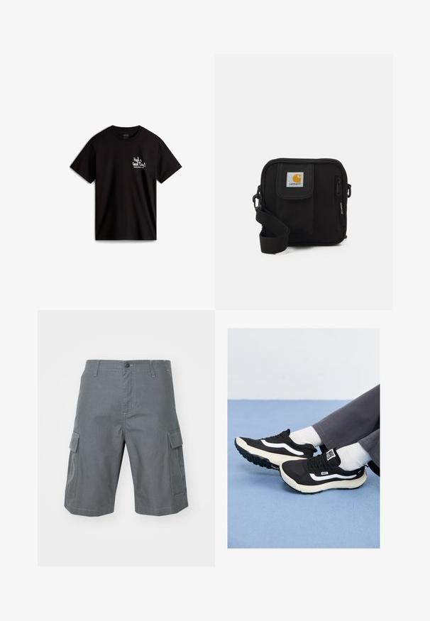 T-shirt in cotone nero con maniche corte, caratterizzato da testo in corsivo bianco "Had a Good Time!" e un logo nell'area del petto sinistro.; Carhartt WIP REGULAR CARGO COLUMBIA - Shorts - graphite; Sneakers neri con dettagli bianchi, materiali in rete e gomma, caratterizzati da una suola testurizzata e una linguetta sul tallone. Indossati con calze bianche e pantaloni grigi.; Borsa a tracolla nera con un compartimento principale con zip, tasca frontale, tracolla regolabile e una patch del logo visibile sul risvolto.