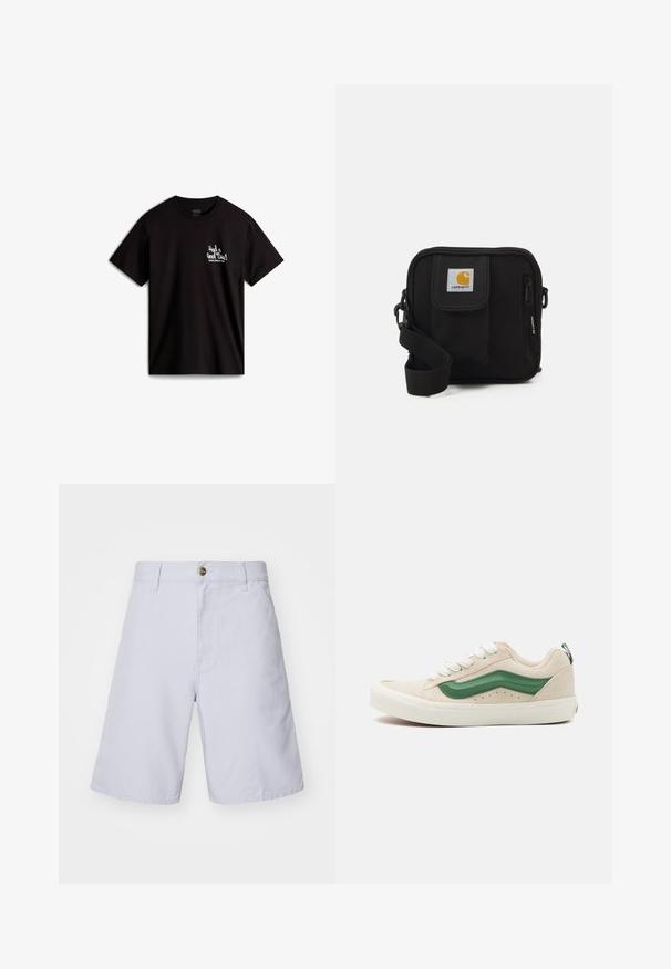 Camiseta de algodón negra con mangas cortas, con texto en cursiva blanca "¡Pasé un buen rato!" y un logotipo en la parte izquierda del pecho.; Pantalones cortos de algodón azul claro con cierre de botón, corte recto, bolsillos frontales y una textura suave. Sin patrones ni acentos visibles.; Zapatilla de ante beige con acentos de cuero verde, punta redondeada, cordones blancos y detalles texturizados en los laterales. Suela de goma visible.; Bolso bandolera negro con un compartimento principal con cremallera, bolsillo frontal, correa ajustable y un parche de logo visible en la tapa.