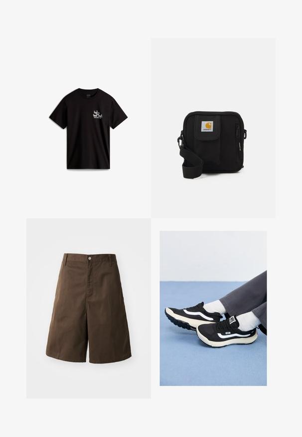 Musta puuvillainen t-paita lyhyillä hihoilla, jossa on valkoista käsinkirjoitettua tekstiä "Had a Good Time!" ja logo vasemmassa rintakehässä.; Ruske puuvillashortsit, joissa on suora malli. Shortseissa on nappikiinnitys, vyölenkit ja ei näkyviä kuvioita tai yksityiskohtia.; Mustat lenkkarit valkoisilla yksityiskohdilla, verkko- ja kumimateriaaleista valmistettuna, joissa on teksturoitu pohja ja kantanauha. Yhdistetty valkoisten sukkien ja harmaiden housujen kanssa.; Mustat olkalaukku, jossa on vetoketjullinen pääosasto, etutasku, säädettävä hihna ja näkyvä logo-merkki kannessa.