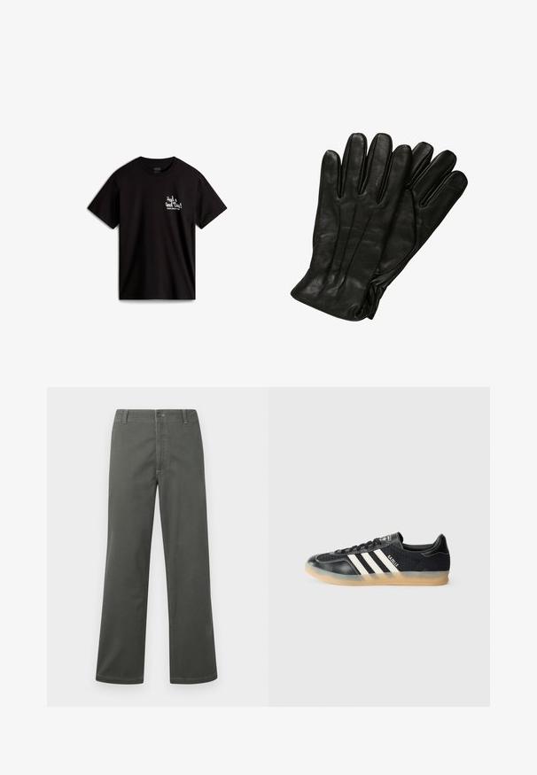 Svart bomullströja med korta ärmar, med vit kursiv text "Hade en bra tid!" och en logotyp på vänster bröst.; Grå vida byxor i bomullsblandning, med en klassisk femfickdesign och framknäppning, samt kontrasterande sömmar.; Svart atletisk sneakers med vita ränder, texturerad tyg, slät lädertå och en sula i gummi. Funkar med logotyp på tungan.; Svarta läderhandskar med en slät текстur, fem fingrar och subtila sömnads detaljer. Klassisk design, lämplig för användning i kallt väder.