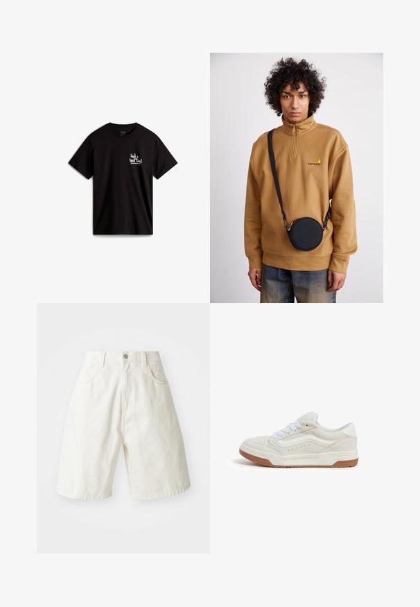 Zwarte katoenen t-shirt met korte mouwen, met witte cursieve tekst "Had a Good Time!" en een logo op de linkerkant van de borst.; Witte denim short met een relaxte pasvorm, voorzien van een tailleband, vijf zakken en rechte pijpen. De stof heeft een lichte textuur.; Heren sneaker in lichtgrijs suede met witte veters, rubberen zool in gumbruin, met gestikte accenten en geperforeerde details.; Bruine fleece sweatshirt met kwart rits en geborduurd logo, met een zwarte ronde crossbody tas met rits en logo detail, gedragen over denim.
