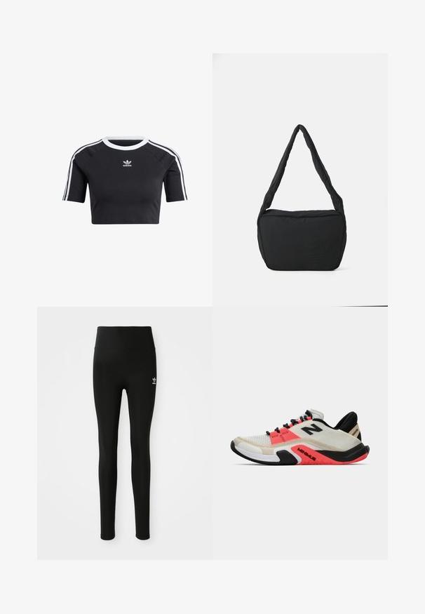 Fekete rövid ujjú, pamut cropped póló, bordás fehér kerek nyakkal, rövid raglán ujjakkal és fehér oldalsávokkal, kis logóval.; Fekete, rugalmas anyagból készült leggings, magas derekú, bal lábon egy kis fehér Adidas logóval. Simább textúra.; New Balance MINIMUS TR - Edzőcipő - sea salt; Fekete válltáska párnázott textúrával, lekerekített formával és széles pánttal, az elején domború logóval.