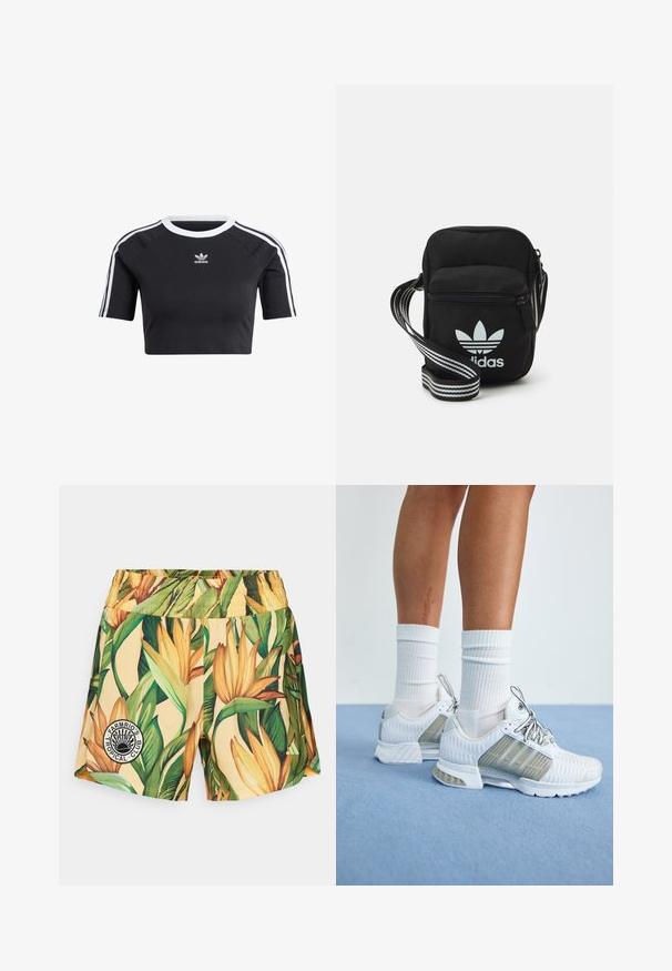 Čierne skrátené tričko z bavlny, s bielym rebrovaným okrajom krku, krátkymi raglánovými rukávmi a bielymi bočnými pruhmi so malým logom.; Bermudy so žltým základom zdobené živým tropickým kvetinovým vzorom v zelených a oranžových odtieňoch. Elastický pás s okrúhlym logom.; Biele športové topánky so sieťovinovým zvrškom, textúrovanými detailmi a šedými akcentmi. Šnúrky sú strieborné, v páre s bielymi rebrovanými ponožkami.; Čierna textilná crossbody taška so zipsovým uzáverom, ktorá má biele logo Adidas a pruhovaný nastaviteľný popruh pre jednoduché nosenie.