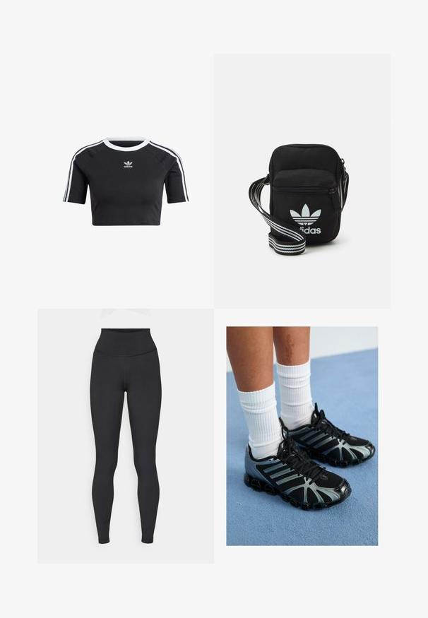 T-shirt cropped nera in cotone, con colletto a girocollo bianco a coste, maniche raglan corte e strisce laterali bianche con un piccolo logo.; Leggings neri a vita alta realizzati in tessuto elasticizzato, caratterizzati da una texture liscia e un design aderente, senza loghi o motivi visibili.; Scarpe sportive nere con accenti grigi e pannelli in rete, dotate di una suola testurizzata e lacci neri, abbinate a calzini bianchi a coste.; Borsa a tracolla in tessuto nero con chiusura a zip, caratterizzata da un logo Adidas bianco e una tracolla regolabile a righe per un facile trasporto.
