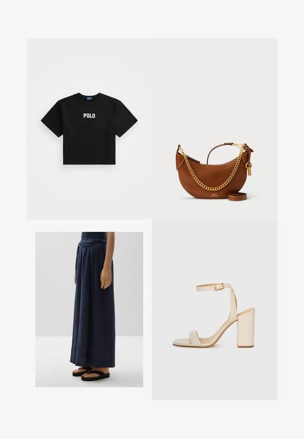 Fekete, rövid ujjú, pamut anyagú cropped póló, a tetején középen elhelyezett fehér "POLO" logóval. Sima textúra.; Tengerészkék, széles szárú nadrág könnyű anyagból, megkötő derékkal. Fekete papucsokkal párosítva. Sima textúrájú, bokáig érő hosszúságú.; Beige színű magassarkú szandál négyzet alakú orral, vékony bokapánttal és tömbsarkúval. Simas bőrfelület arany csattal díszítve.; Barna bőr kézi táska íves kialakítással, arany lánc pánttal, belső zsebbel és leválasztható vállpánttal. Kontrasztos varrás jellemzi.