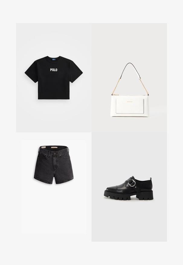 Schwarzes, kurz geschnittenes T-Shirt aus Baumwolle mit kurzen Ärmeln und einem zentralen weißen "POLO"-Logo auf der Vorderseite. Glatte Textur.; Schwarze Denim-Shorts mit hoher Taille, ausgestattet mit einem Knopfverschluss vorne, vier Taschen und einem leicht abgeriebenen Finish.; Schwarze Leder Schuhe mit einer dicken, gerippten Sohle, die mit einer runden silbernen Hardware-Akzent und minimalen Stickdetails ausgestattet sind.; Weißes Lederhandtasche mit strukturierter Oberfläche, ausgestattet mit einem goldenen Kettenriemen und schwarzen Akzenten. Enthält eine Fronttasche und einen Reißverschluss.