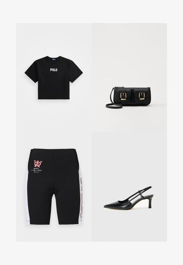 Svart cropped t-skjorte laget av bomull, med korte ermer og et sentrert hvitt "POLO"-logo på forsiden. Glatt tekstur.; Svarte treningsshorts med hvite sidelapper, med en rosa logo og tekst på forsiden. Laget av elastisk materiale, designet for komfort.; Sorte patent slingback hæl med spids tå, featuring tekstureret slangeskind, justerbar rem og en kort, tekstureret blokhæl.; Svart skinn crossbody veske med to frontlommer, gyldne spenner, glidelåslukking og en slank stropp. Teksturert overflate og kompakt rektangulær form.