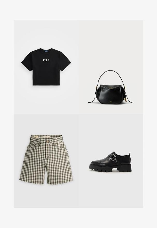 Melnā īsā krekla augšdaļa, izgatavota no kokvilnas, ar īsām piedurknēm un centrā novietotu balto "POLO" logo priekšpusē. Gluda tekstūra.; Brūngani un baltā rūtaini šorti ar pogu aizdari, divām priekšējām kabatām un brīvu piegriezumu. Izgatavoti no austo audumu ar gludu tekstūru.; Melni ādas apavi ar masīvu, rievojumu zoli, ar apaļu sudraba aksesuāru un minimālām šuvēm.; Melnas ādas rokassomu noapaļotā formā, ar vienu augšējo rokturi un zelta detaļām. Aprīkota ar rāvējslēdzēja aizdari un diskrētu zīmola identifikāciju.