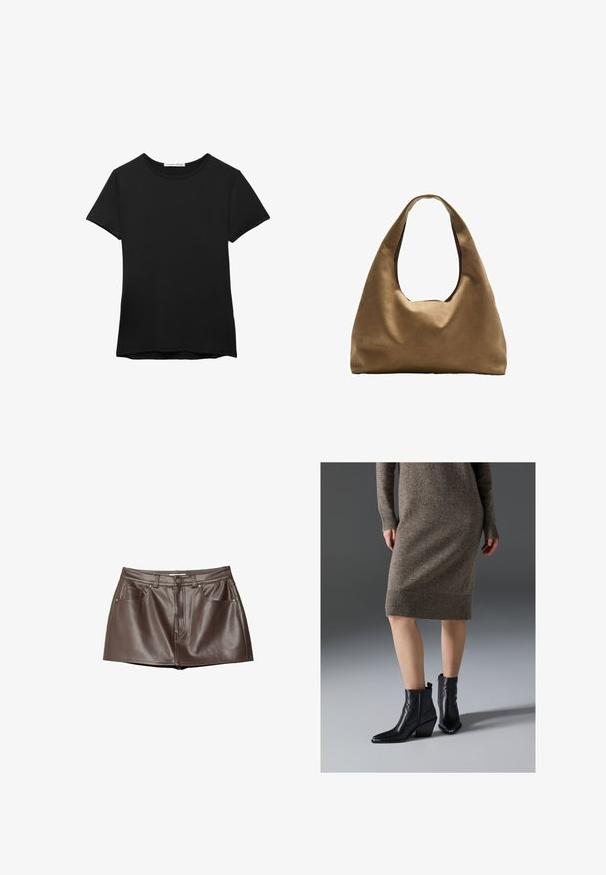 Mustat lyhythihaiset t-paidat, jotka on valmistettu sileästä kankaasta. Tämä t-paita on varustettu pyöreällä kaula-aukolla ja rentoa istuvuutta tarjoavalla suoraan leikatulla helman muodolla.; Ruskea nahkainen mini-hame, jossa on sileä pinta, vyölenkit, etutaskut ja napitus vyötäröllä.; Musta nahkasaappaat nilkkapituisella, teräväkärkisellä muodolla, paksulla korolla ja sahalaitapistokkeilla, yhdistettynä ribatutuun ruskeaan neulemekkoon.; Ruskea kangaskassi, jossa on leveä, pyöristetty muoto ja suuri leikattu kahva. Pehmeä pinta, minimalistinen muotoilu ja ei näkyvää metalliosaa.