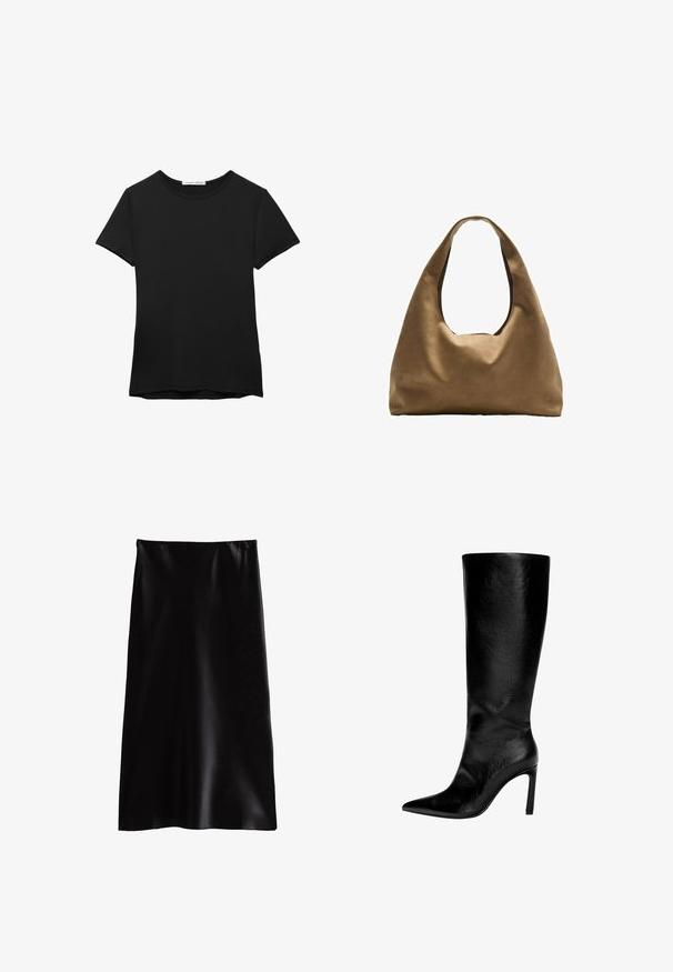 Zwarte t-shirt met korte mouwen van gladde stof. Heeft een ronde halslijn en een losse pasvorm met een rechte zoom.; Zwarte satijnen maxi rok met een gladde textuur, rechte snit en een elastische tailleband. Geen zichtbare patronen of versieringen.; Zwart leren laars tot de knie met een spitse neus, hoge stilettohak, een gladde afwerking en een eenvoudig, slank ontwerp zonder versieringen.; Bruine stoffen schoudertas met een brede, ronde vorm en een grote uitsnede handvat. Zachte textuur, minimalistisch ontwerp en geen zichtbare hardware.