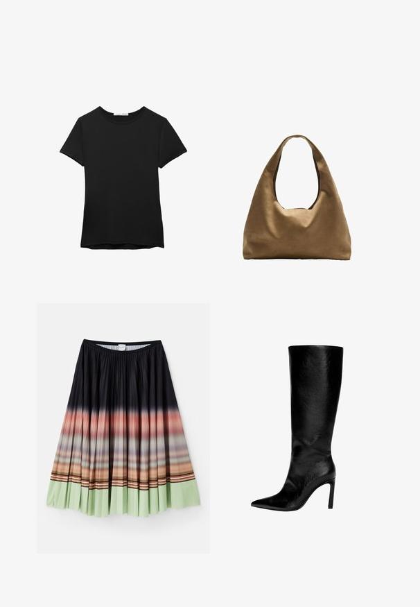 Schwarzes kurzärmliges T-Shirt aus glattem Stoff. Mit Rundhalsausschnitt und einer lockeren Passform sowie einem geraden Saum.; Faltenrock in Schwarz mit einem Ombre-Gradient, der am Saum von Orange zu Mintgrün übergeht, und bunten gestreiften Akzenten.; Knöchelhoher schwarzer Lederstiefel mit spitzem Zeh, hohem Stöckelabsatz, glatter Oberfläche und einem einfachen, eleganten Design ohne Verzierungen.; Braune Stoffschultertasche mit einem breiten, runden Körper und einem großen Ausschnittgriff. Sanfte Textur, minimalistisches Design und keine sichtbaren Beschläge.