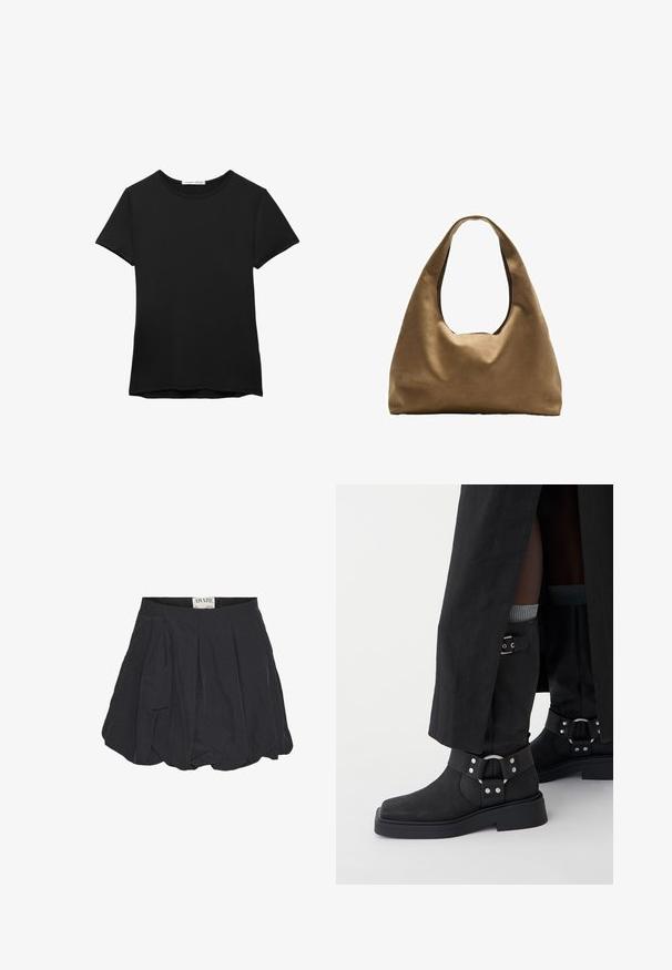 T-shirt nera a maniche corte realizzata in tessuto liscio. Presenta un collo rotondo e una vestibilità comoda con orlo dritto.; Gonna plissettata nera con una forma strutturata e arrotondata. Realizzata in tessuto leggero con una texture liscia, presenta un'etichetta in vita "AWARE."; Stivaletti neri alla caviglia in pelle con finitura opaca, punta quadrata e fibbie decorative. La suola è robusta e texture.; Borsa a spalla in tessuto marrone con un corpo ampio e arrotondato e una grande maniglia a taglio. Texture morbida, design minimalista e senza hardware visibile.