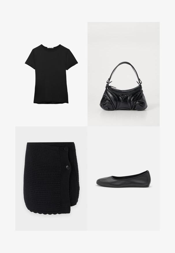 T-shirt nera a maniche corte realizzata in tessuto liscio. Presenta un collo rotondo e una vestibilità comoda con orlo dritto.; Wrap nero lavorato a maglia con un motivo strutturato, orlo scallop e due grandi bottoni per la chiusura. Materiale morbido con un design accogliente.; Pantofole da balletto nere in pelle con punta arrotondata, texture liscia, dettagli di cucitura minimi e design con suola flessibile.; Borsa nera realizzata in pelle testurizzata con una forma arrotondata. Presenta una sottile tracolla e motivi decorativi a rilievo.