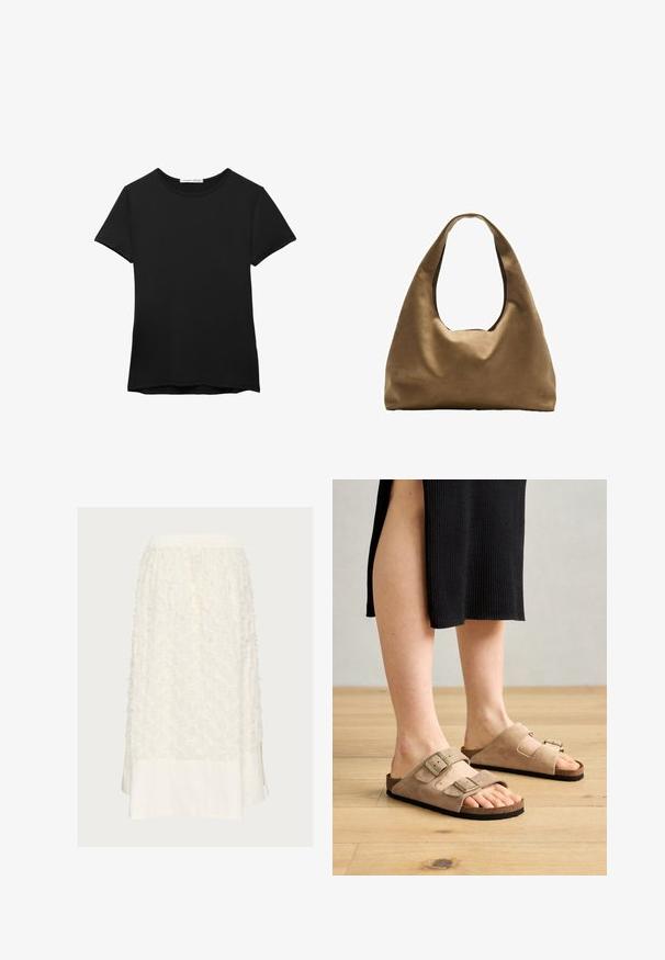 Sort kortærmet t-shirt lavet af glat stof. Har en rund halsudskæring og en afslappet pasform med en lige kant.; Hvid nederdel med tekstureret stof, der har hævede blomsterens mønstre øverst og en glat bomuldsnederdel, afsluttet med sideslids. Elastisk talje.; Beige ruskindssandaler med to justerbare stropper, korksål og gummisåler, præsenteret på fødderne mod en baggrund af trægulv.; Brun stof skuldertaske med en bred, rundet krop og et stort udsnit håndtag. Blød tekstur, minimalistisk design og ingen synlig hardware.